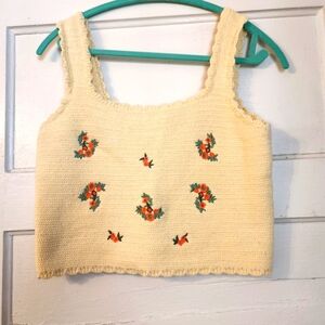Cider Crop Top, Floral Crochet Tank, Size 0XL EUC Cream Tan Red Flowers